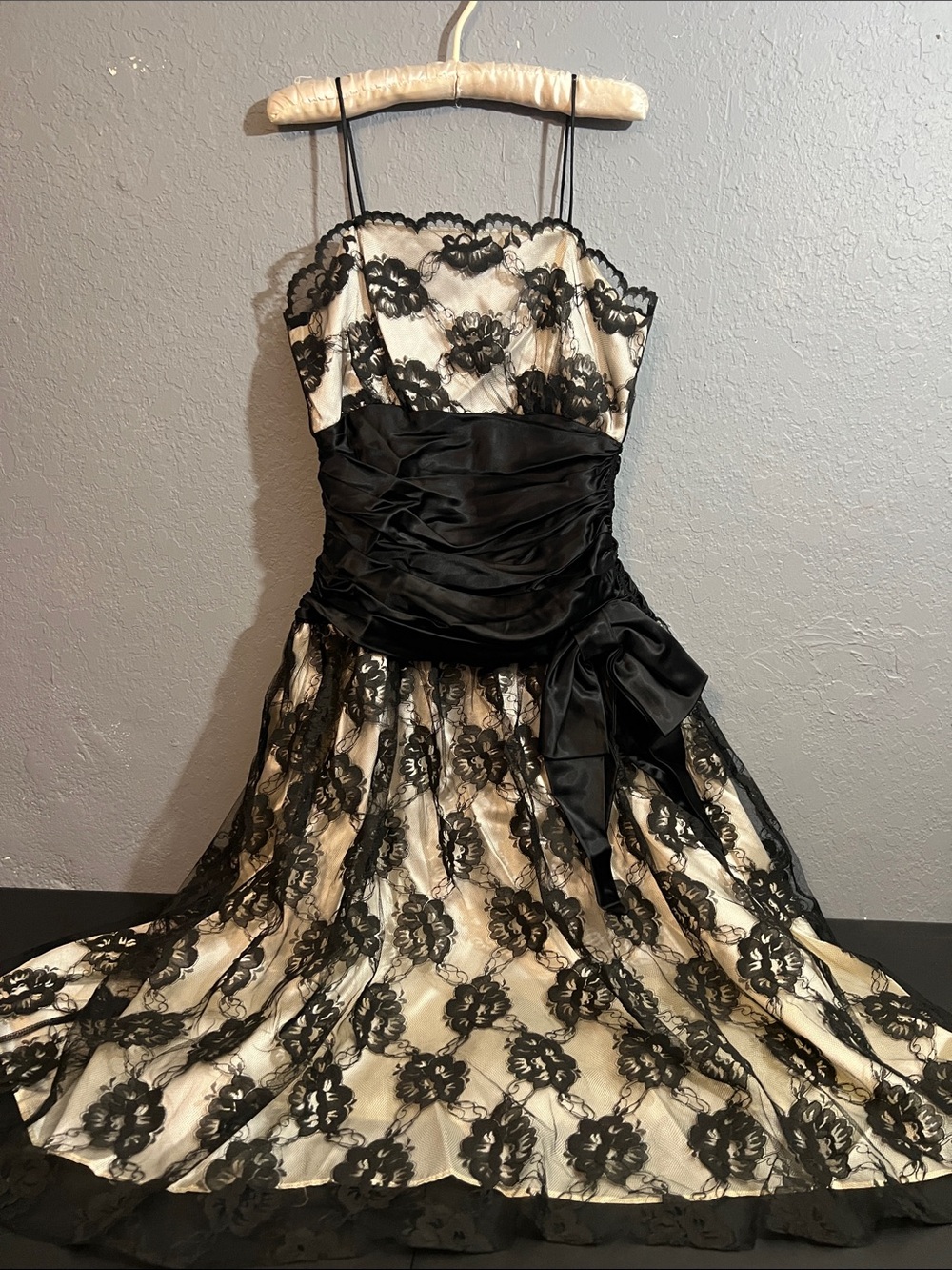 Black and Cream Lace Prom Dress with Satin Sash